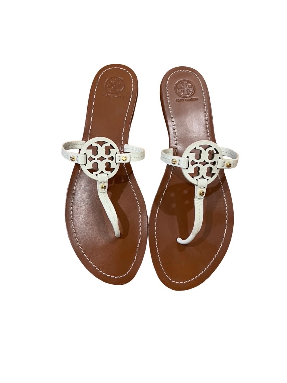 Tory Burch Mini Miller Flat Thong Sandals White Patent Leather Gold Logo
